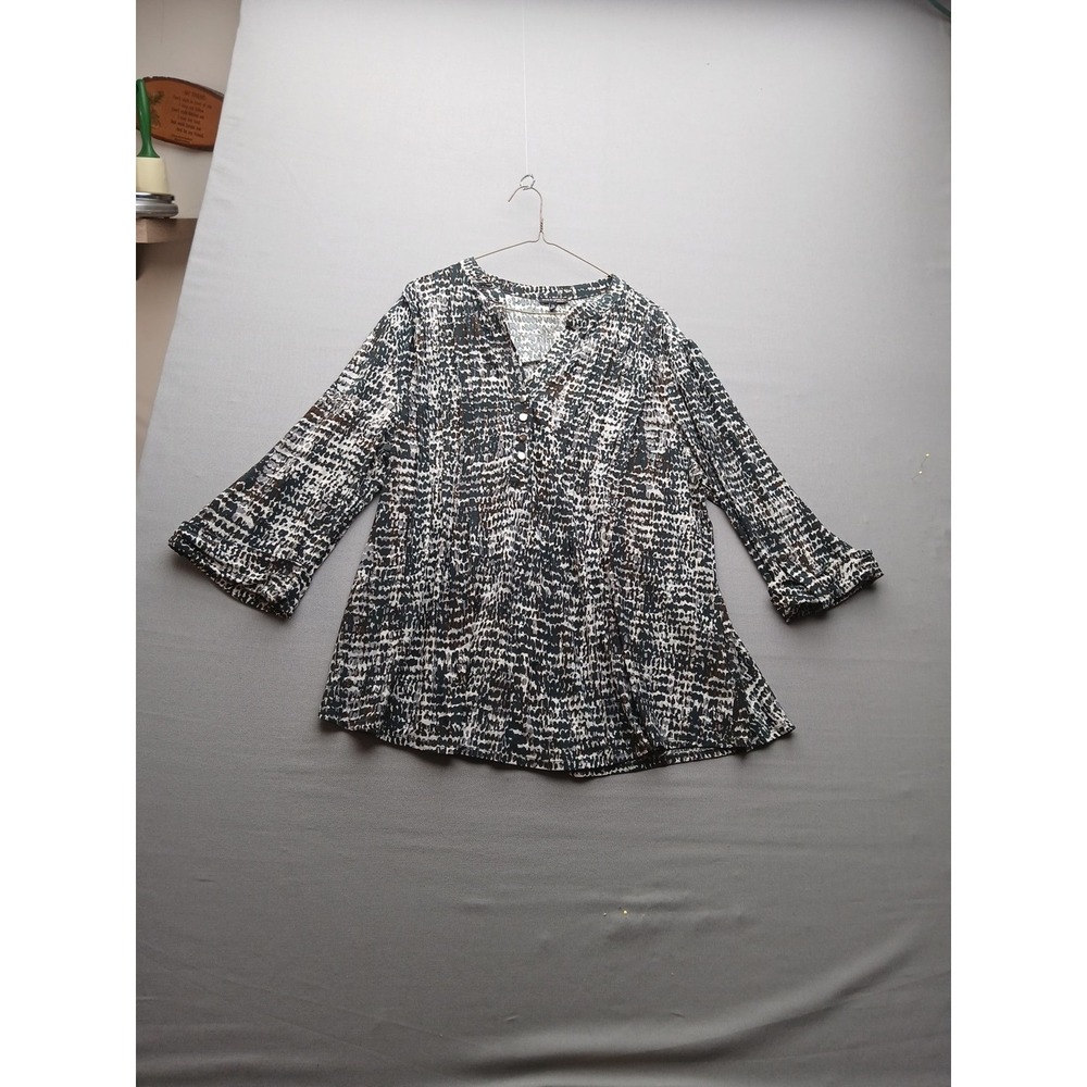 AVA & GRACE SIZE 2X WOMAN'S TOP BLACK WHITE BROWN PRINT 3/4 SLV V NECK